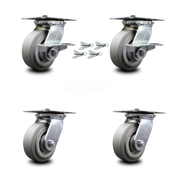 Service Caster 5 Inch Thermoplastic Caster Set with Roller Bearing 4 Swivel Lock and 2 Brake SCC-35S520-TPRRF-SLB-BSL-2-BSL-2 - main